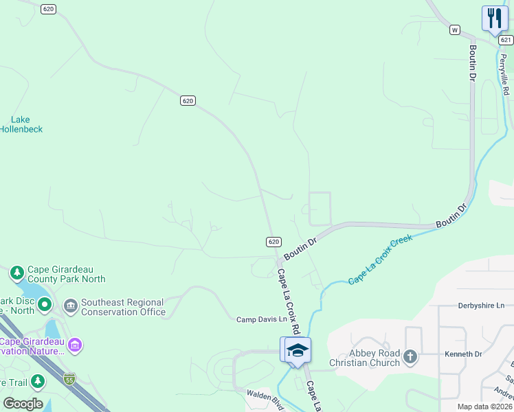 map of restaurants, bars, coffee shops, grocery stores, and more near 3114 County Road 620 in Cape Girardeau