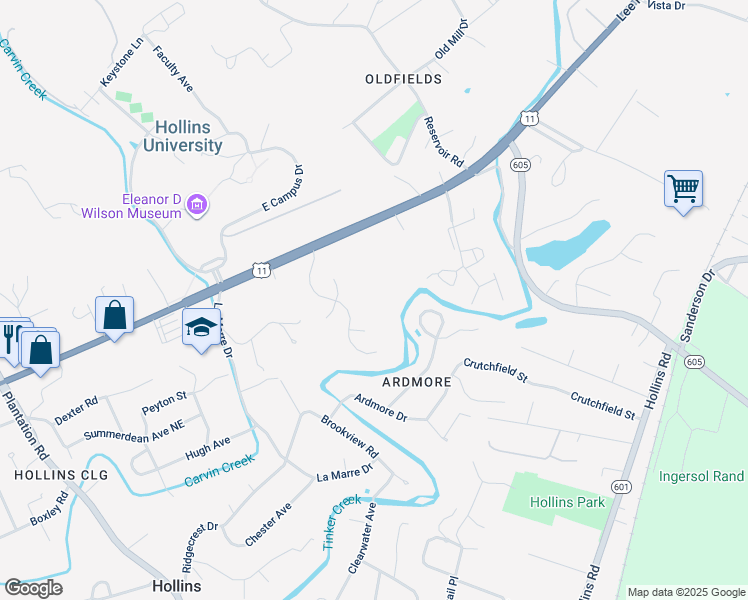 map of restaurants, bars, coffee shops, grocery stores, and more near 8031 Williamson Road in Hollins