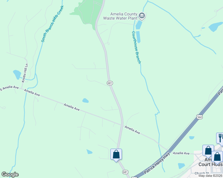 map of restaurants, bars, coffee shops, grocery stores, and more near 10106 Pridesville Road in Amelia Court House