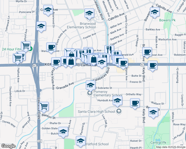 map of restaurants, bars, coffee shops, grocery stores, and more near 1545 Pomeroy Avenue in Santa Clara