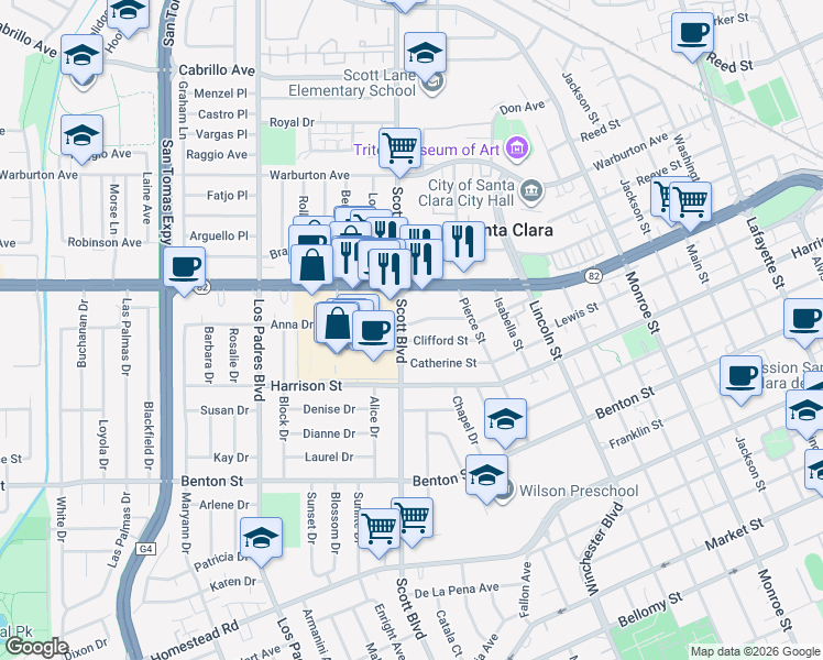 map of restaurants, bars, coffee shops, grocery stores, and more near 1889 Clay Street in Santa Clara