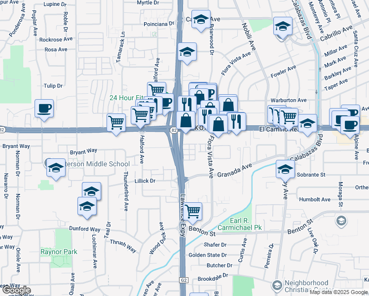 map of restaurants, bars, coffee shops, grocery stores, and more near 3555 Druffel Place in Santa Clara