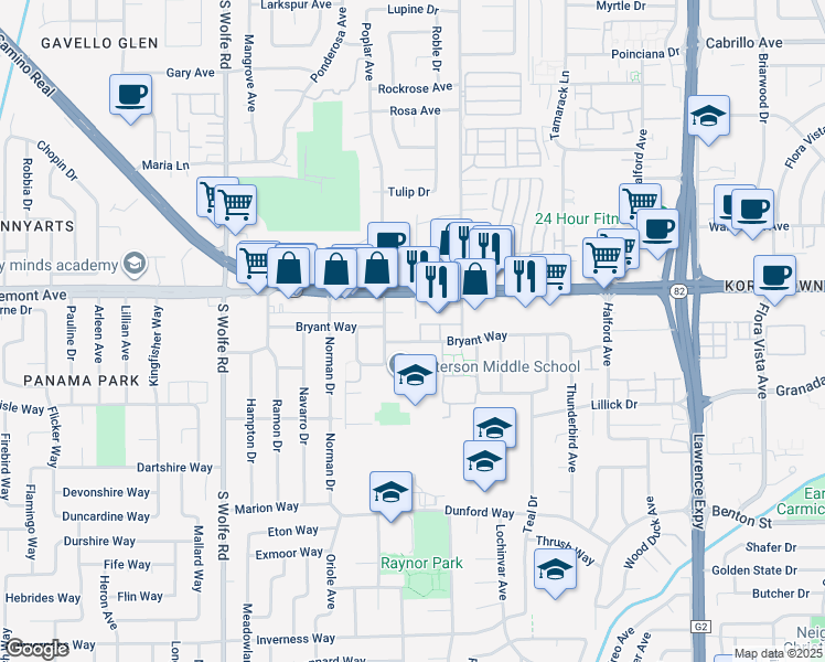 map of restaurants, bars, coffee shops, grocery stores, and more near 1018 East El Camino Real in Sunnyvale
