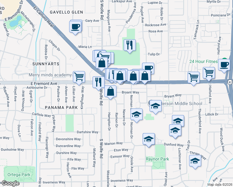 map of restaurants, bars, coffee shops, grocery stores, and more near 959 Bryant Way in Sunnyvale
