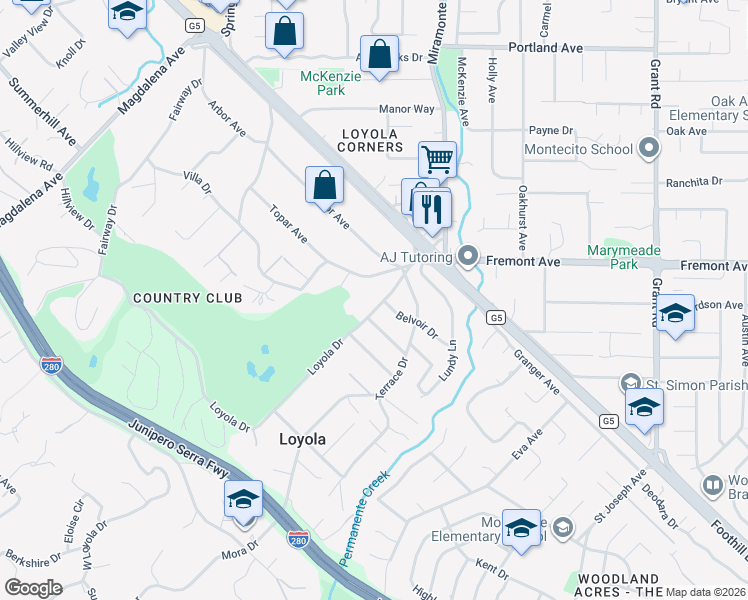 map of restaurants, bars, coffee shops, grocery stores, and more near 909 Loyola Drive in Los Altos