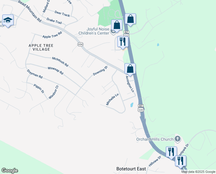 map of restaurants, bars, coffee shops, grocery stores, and more near 64 Primrose Court in Roanoke