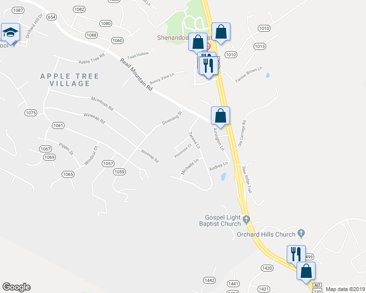 map of restaurants, bars, coffee shops, grocery stores, and more near 64 Primrose Court in Roanoke