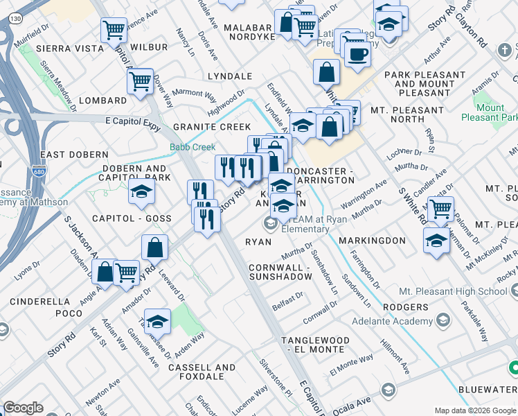 map of restaurants, bars, coffee shops, grocery stores, and more near 1167 McGinness Avenue in San Jose