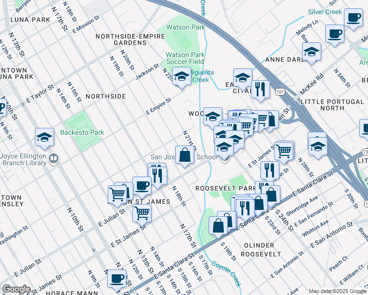 map of restaurants, bars, coffee shops, grocery stores, and more near 375 North 21st Street in San Jose