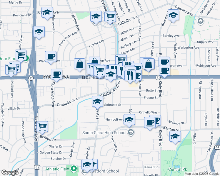 map of restaurants, bars, coffee shops, grocery stores, and more near 3208 California 82 in Santa Clara