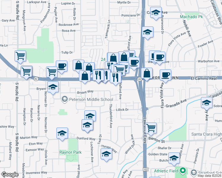 map of restaurants, bars, coffee shops, grocery stores, and more near 1092 East El Camino Real in Sunnyvale