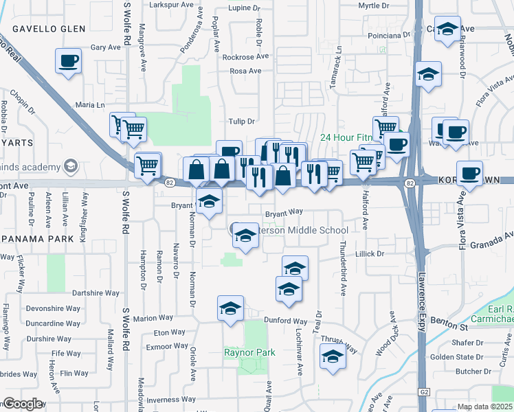 map of restaurants, bars, coffee shops, grocery stores, and more near 1034 East El Camino Real in Sunnyvale