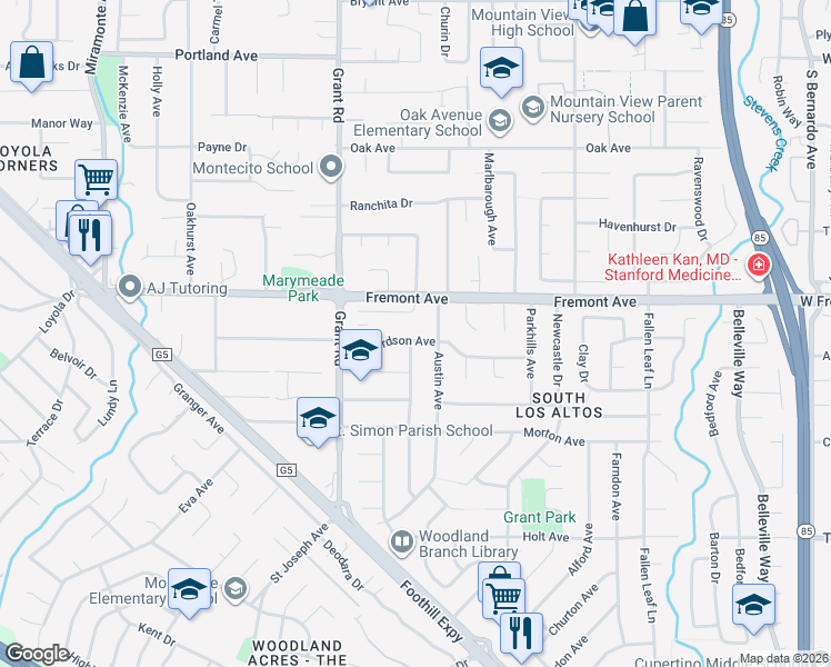 map of restaurants, bars, coffee shops, grocery stores, and more near 1636 Austin Avenue in Los Altos