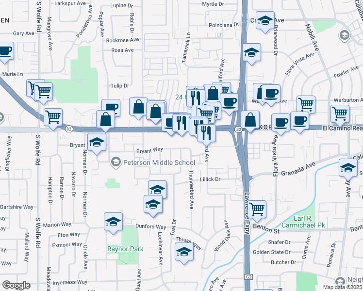 map of restaurants, bars, coffee shops, grocery stores, and more near 1092 East El Camino Real in Sunnyvale