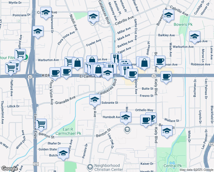 map of restaurants, bars, coffee shops, grocery stores, and more near 3208 California 82 in Santa Clara