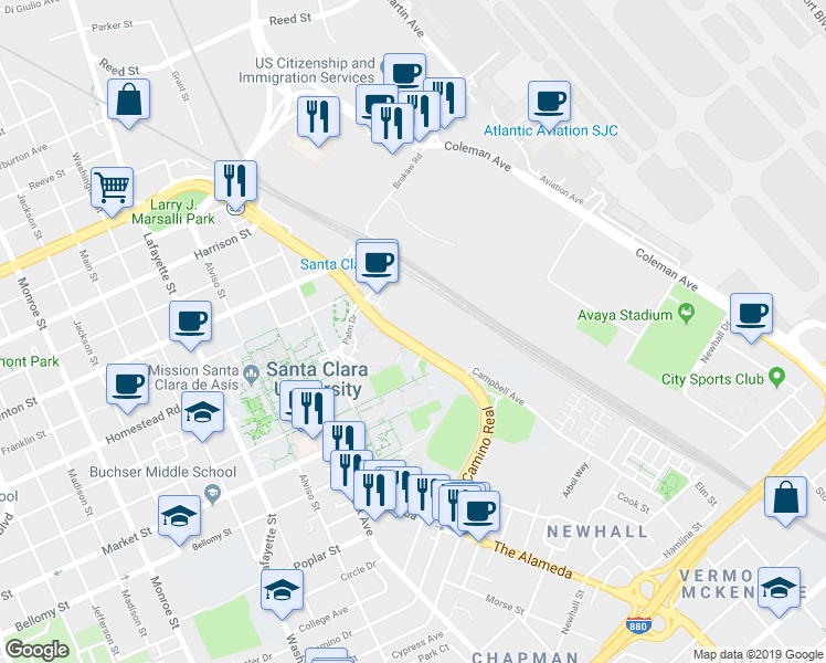 map of restaurants, bars, coffee shops, grocery stores, and more near 471 El Camino Real in Santa Clara
