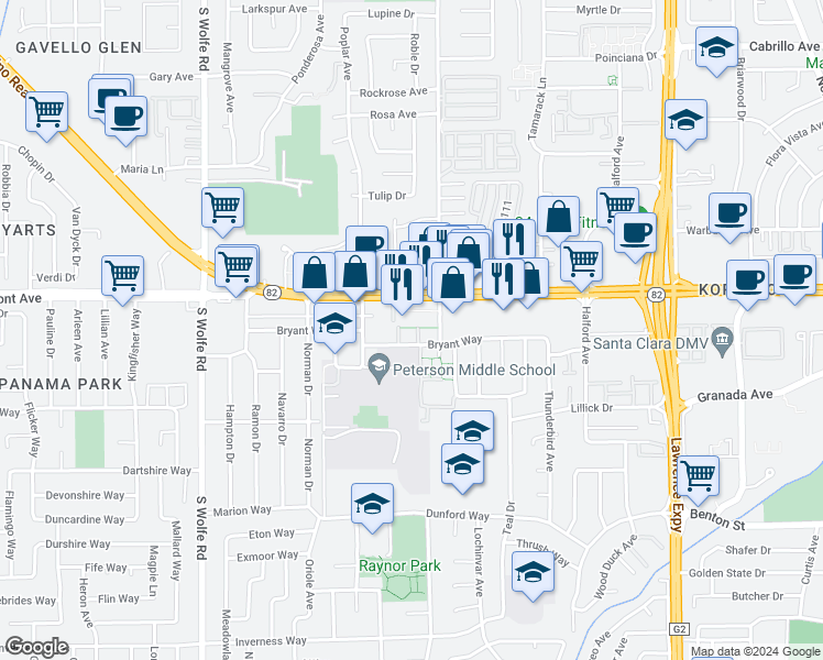 map of restaurants, bars, coffee shops, grocery stores, and more near 1007 Bryant Way in Sunnyvale