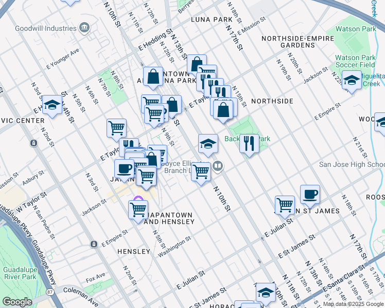 map of restaurants, bars, coffee shops, grocery stores, and more near 448 Jackson Street in San Jose