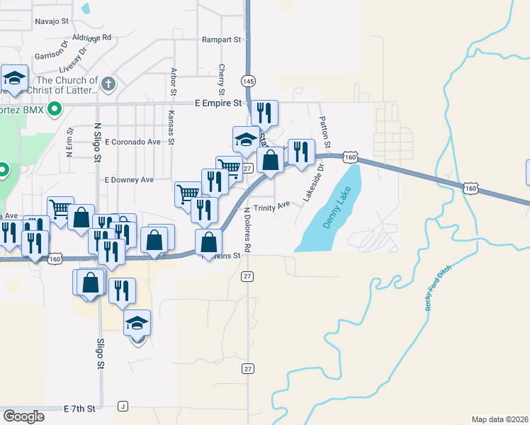 map of restaurants, bars, coffee shops, grocery stores, and more near 2421 Trinity Avenue in Cortez