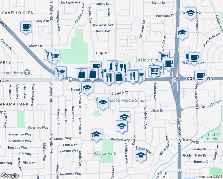 map of restaurants, bars, coffee shops, grocery stores, and more near 1007 Bryant Way in Sunnyvale
