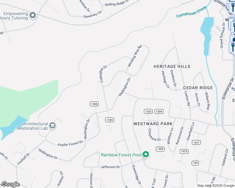 map of restaurants, bars, coffee shops, grocery stores, and more near 177 Wellington Drive in Lynchburg