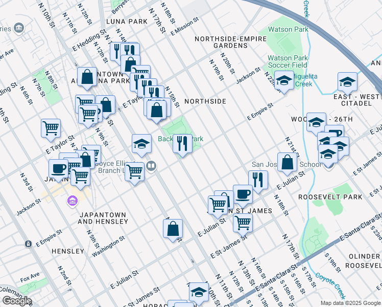 map of restaurants, bars, coffee shops, grocery stores, and more near North 14th Street in San Jose