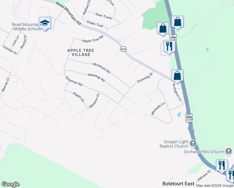map of restaurants, bars, coffee shops, grocery stores, and more near 460 Winesap Road in Roanoke