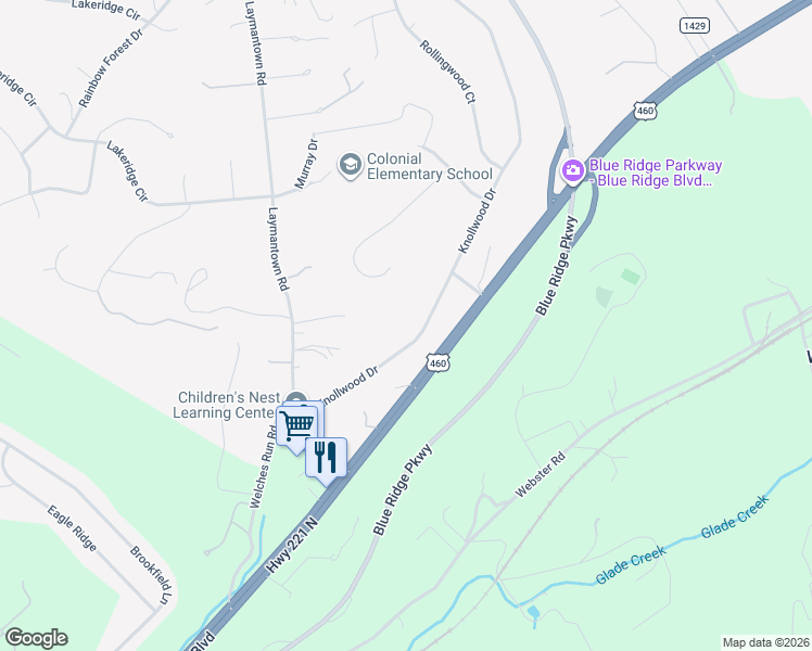 map of restaurants, bars, coffee shops, grocery stores, and more near 315 Knollwood Drive in Troutville