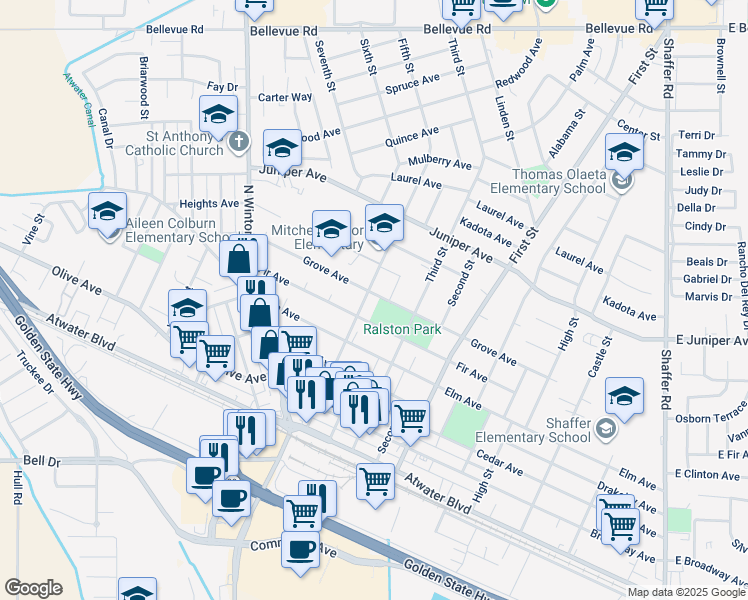 map of restaurants, bars, coffee shops, grocery stores, and more near in Atwater