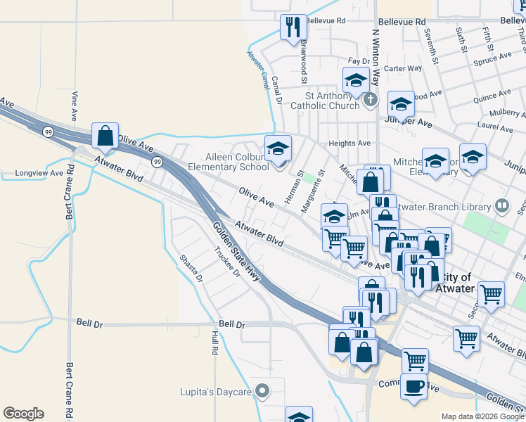 map of restaurants, bars, coffee shops, grocery stores, and more near 2294 Olive Avenue in Atwater