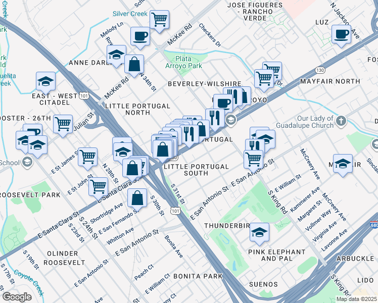 map of restaurants, bars, coffee shops, grocery stores, and more near 1617 California 130 in San Jose