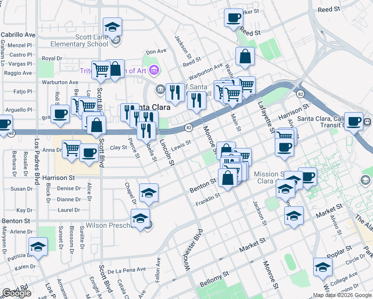map of restaurants, bars, coffee shops, grocery stores, and more near 1390 Madison Street in Santa Clara