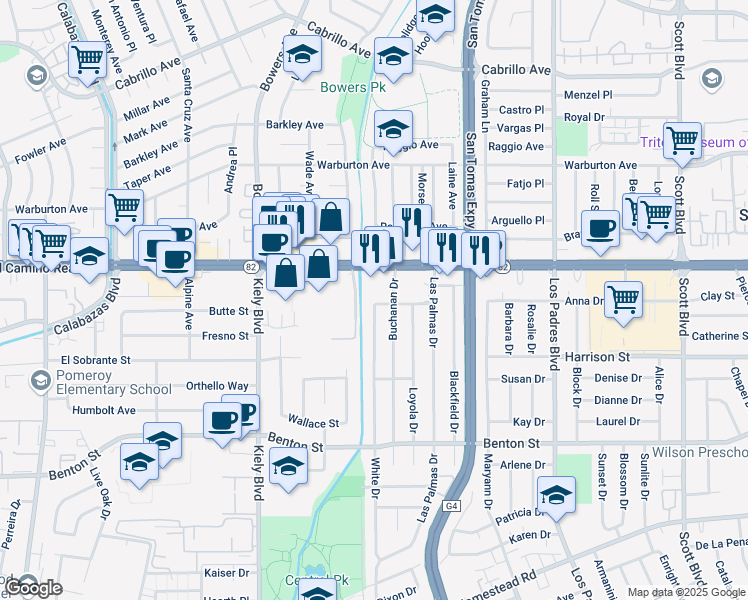 map of restaurants, bars, coffee shops, grocery stores, and more near 2565 Arroyo Drive in Santa Clara