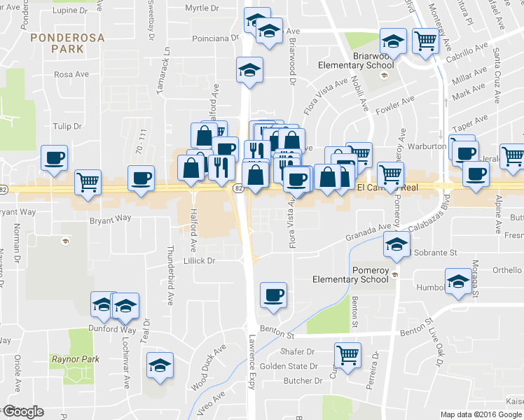 map of restaurants, bars, coffee shops, grocery stores, and more near 3555 Druffel Place in Santa Clara