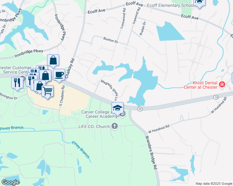 map of restaurants, bars, coffee shops, grocery stores, and more near 5714 Magnolia Shore Lane in Chester