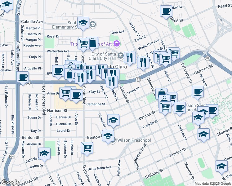map of restaurants, bars, coffee shops, grocery stores, and more near 1465 Isabella Street in Santa Clara
