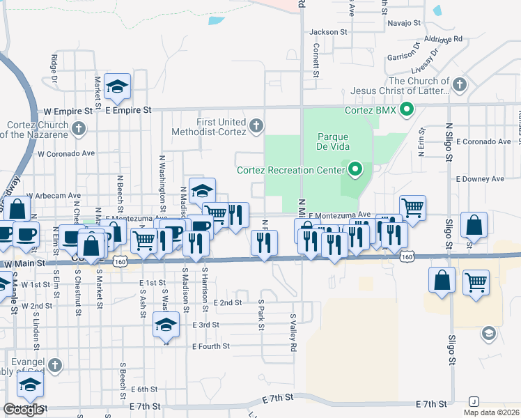 map of restaurants, bars, coffee shops, grocery stores, and more near 201 N Park St in Cortez