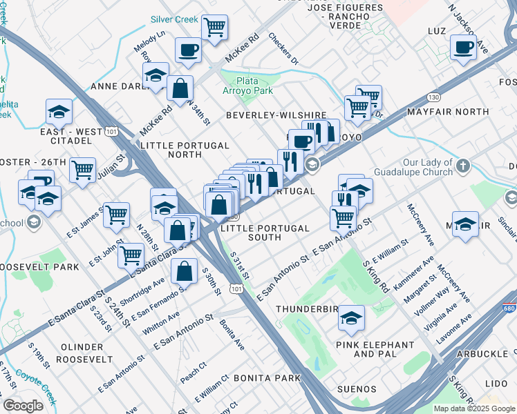 map of restaurants, bars, coffee shops, grocery stores, and more near 1638 Alum Rock Avenue in San Jose