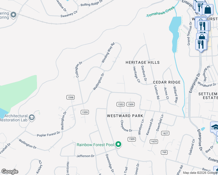 map of restaurants, bars, coffee shops, grocery stores, and more near 43 Crossway Road in Lynchburg