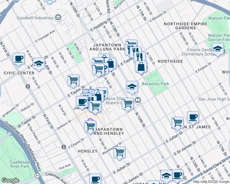 map of restaurants, bars, coffee shops, grocery stores, and more near 600 North 9th Street in San Jose