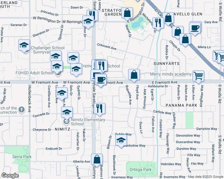 map of restaurants, bars, coffee shops, grocery stores, and more near 1304 Barbet Circle in Sunnyvale