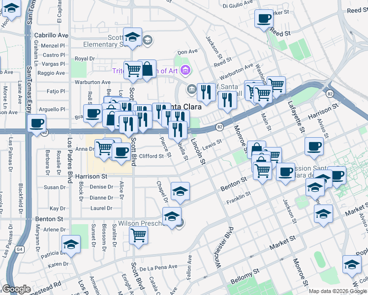 map of restaurants, bars, coffee shops, grocery stores, and more near 1469 Isabella Street in Santa Clara