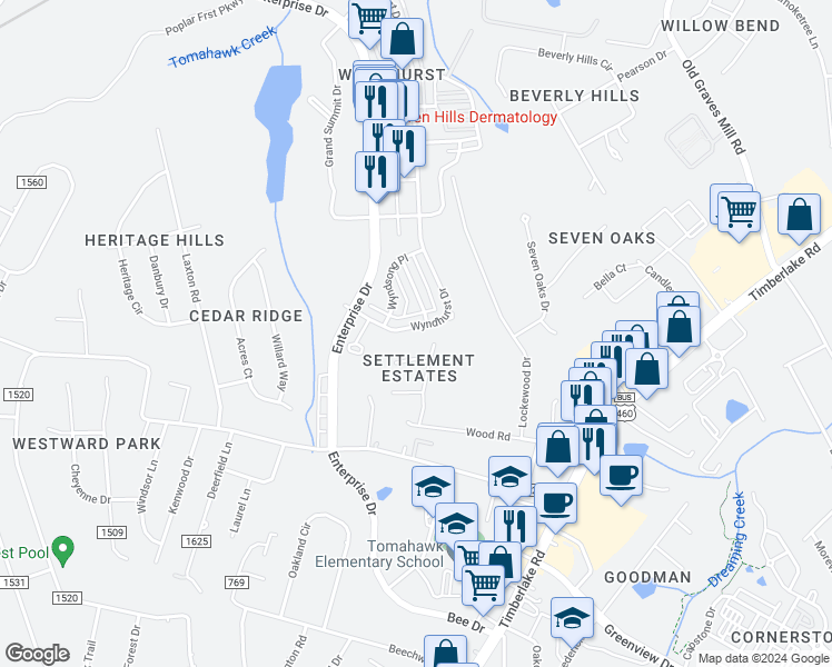 map of restaurants, bars, coffee shops, grocery stores, and more near 211 Wyndhurst Drive in Lynchburg