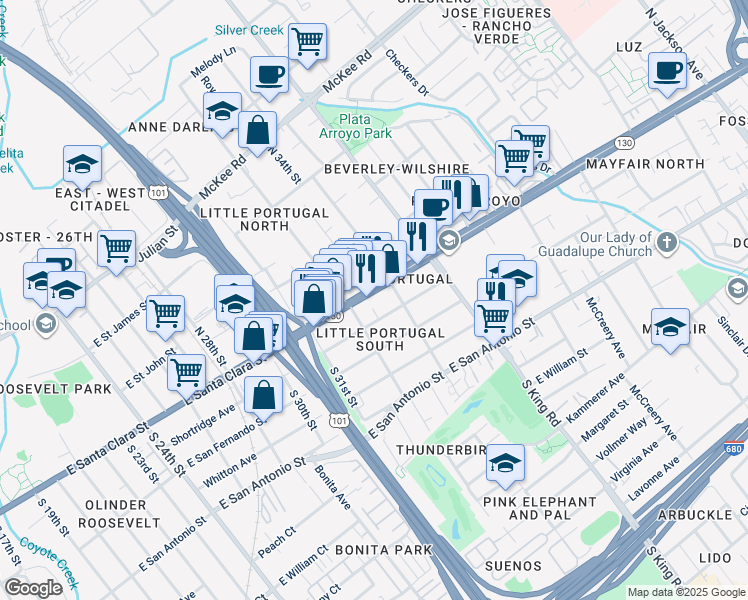 map of restaurants, bars, coffee shops, grocery stores, and more near 1638 Alum Rock Avenue in San Jose