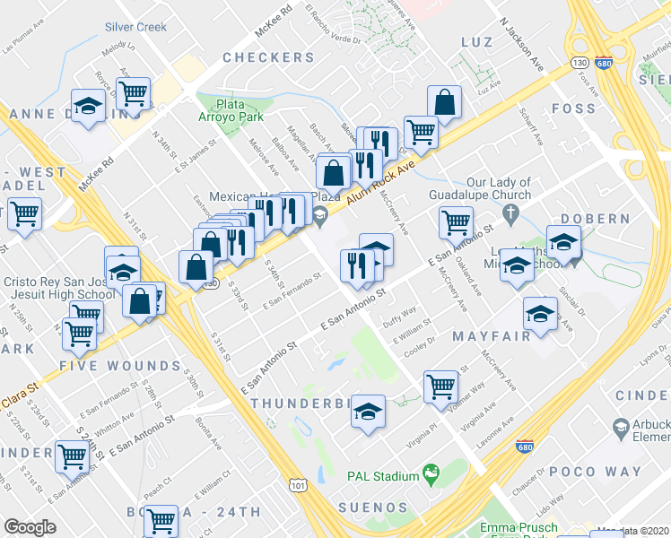 map of restaurants, bars, coffee shops, grocery stores, and more near 108 South King Road in San Jose