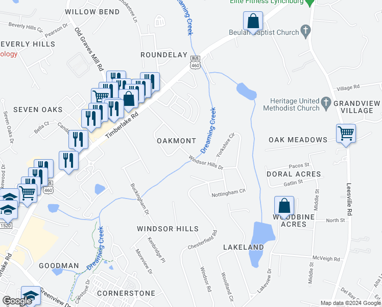 map of restaurants, bars, coffee shops, grocery stores, and more near 215 Windsor Hills Drive in Lynchburg
