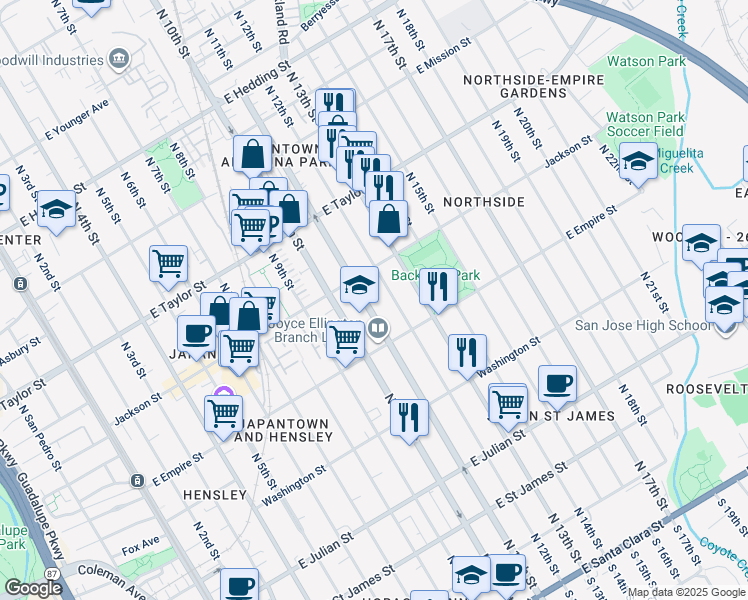 map of restaurants, bars, coffee shops, grocery stores, and more near 566 North 11th Street in San Jose