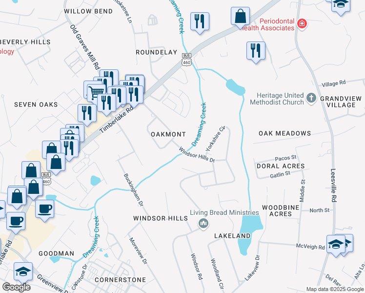 map of restaurants, bars, coffee shops, grocery stores, and more near 215 Windsor Hills Drive in Lynchburg