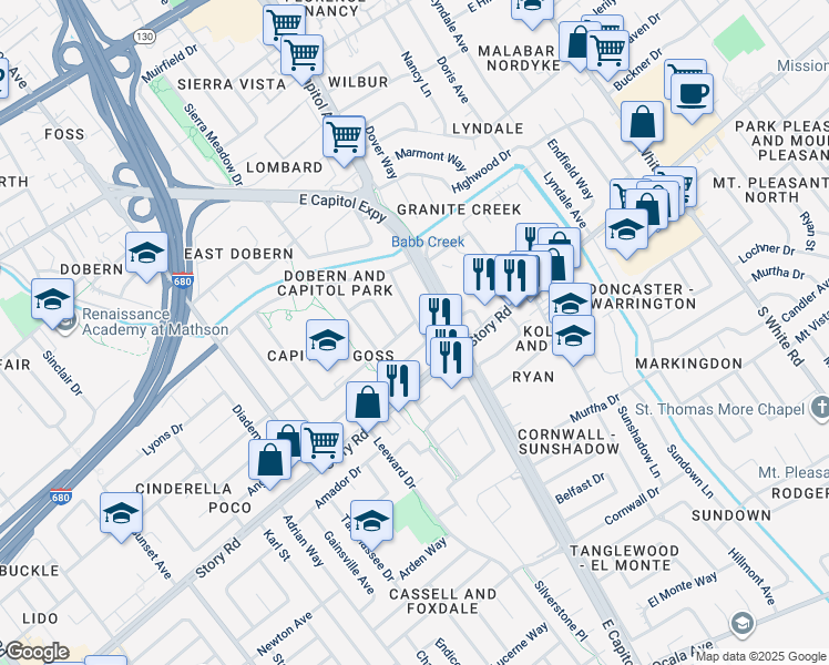map of restaurants, bars, coffee shops, grocery stores, and more near 990 Sinbad Avenue in San Jose