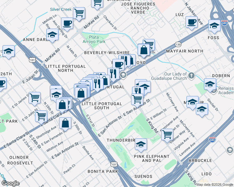 map of restaurants, bars, coffee shops, grocery stores, and more near 1680 Shortridge Avenue in San Jose